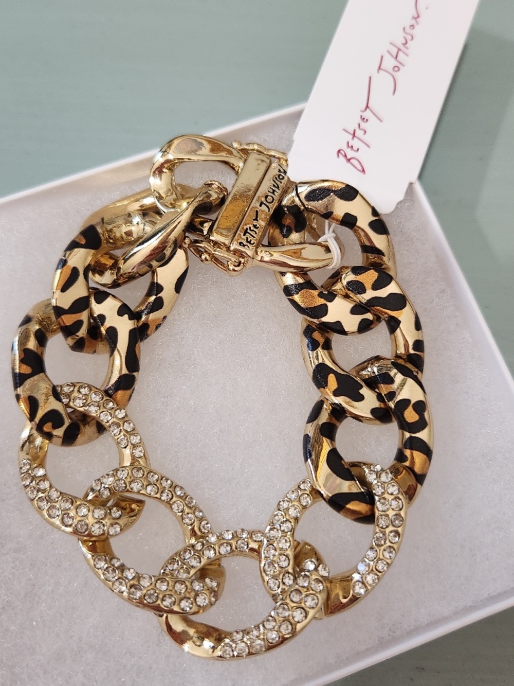 NWT Betsey Johnson Gold Tone & Leopard, Rhinestone Chain Bracelet 7.5" Long